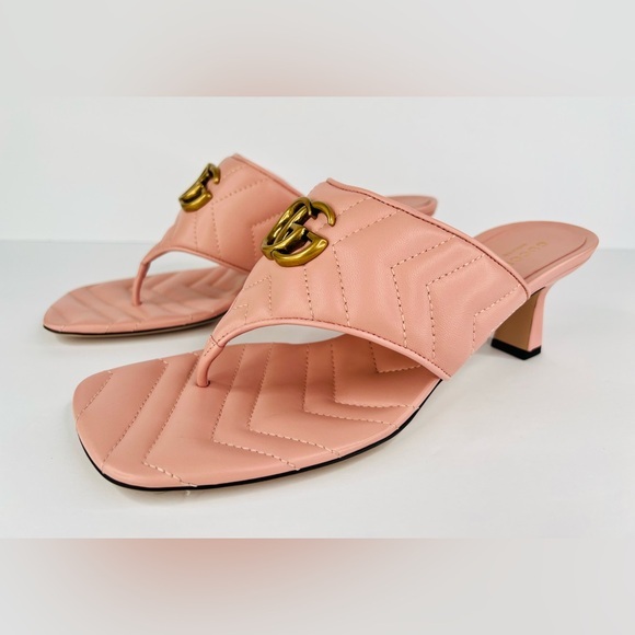 Gucci Marmont Double G Chevron GG Logo Pink Thong Mule Kitten Sandals Size EU 40 - Picture 1 of 11